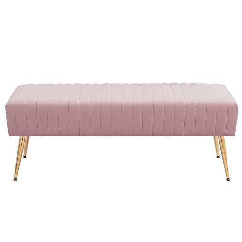 Furniliving 44 Inch Velvet Bench, Upholstered Tufted Striped Fabric Bedroom Bench with Golden Metal Legs, Ottoman for Living Room, Solid Wood Indoor Bench for Foyer (Pink)