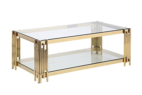 48" Rectangle Glass Coffee Table with Storage, Modern 2-Tier Living Room Center Coffee Table with Gold Stainless Steel Frame, Luxury Clear Glass Coffee Cocktail Tea Table for Home Office