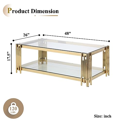 48" Rectangle Glass Coffee Table with Storage, Modern 2-Tier Living Room Center Coffee Table with Gold Stainless Steel Frame, Luxury Clear Glass Coffee Cocktail Tea Table for Home Office