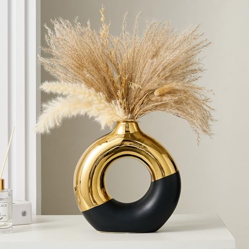FJS Ceramic Donut Vase, 8" L x 8" H Black and Gold Round Vase for Pampas Grass, Nordic Modern Vases for Decor, Ceramic Vase Centerpieces for Wedding, Bedroom, Living Room, Coffee Table, Office