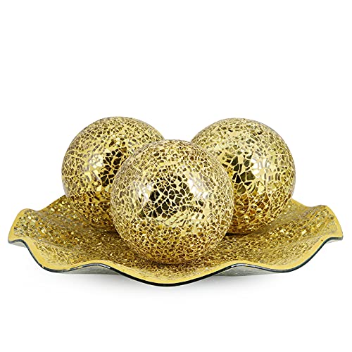 Centerpiece Bowl and Balls Set, Mosaic Tray with 3 Pieces Spheres, 12" Decorative Plate with 4" Mosaic Orbs for Home Decor, Gift (Gold)