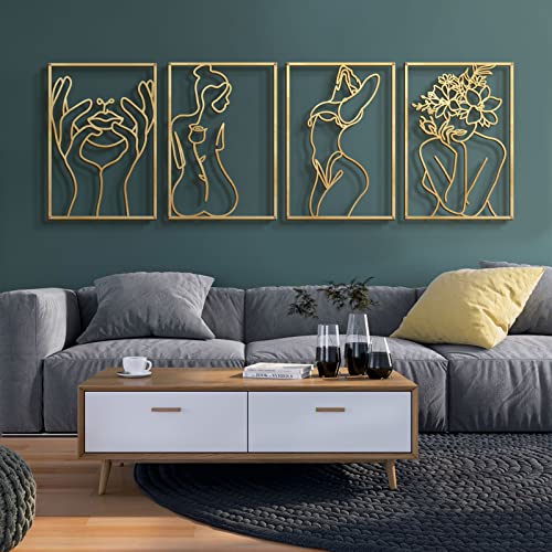 Glamativity 4 Pack Gold Wall Art Décor, Minimalist Décor Single Line Art Wall Décor, Real Metal Wall Art, Abstract Wall Art (Gold Classic Style, M Size 17 x 11.8'')