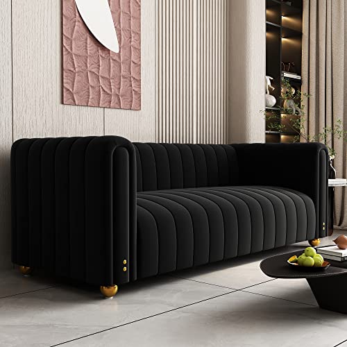 ANTTYBALE 81" W Tufted Velvet Couch,Modern Velvet Sofa with Round Handrails and Metal Ball Legs for Living,Office,Apartment (Black)…