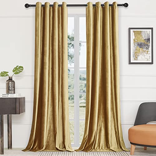 BULBUL Velvet Gold Curtains 84 inch Length- Living Room Blackout Thermal Window Drapes Darkening Decor Grommet Curtains for Bedroom Set of 2 Panels