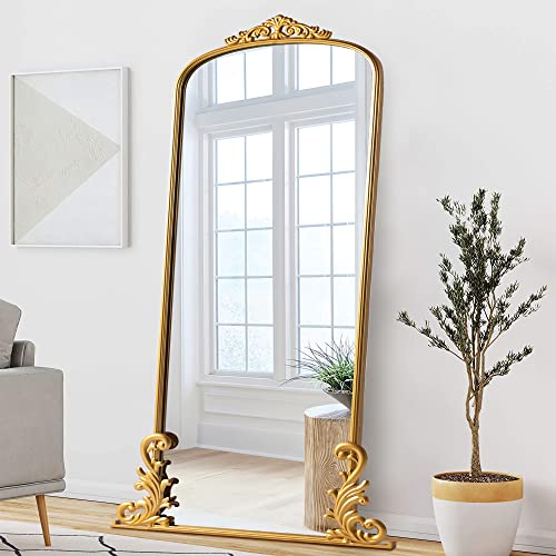 NeuType Arched Full Length Mirror Vintage Carved Mirror Metal Frame Wall-Mounted Mirror for Home Decor Bathroom Entryways Living Rooms Dressing Mirror, Gold, 68"x 29"
