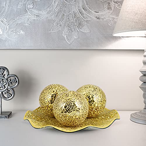 Centerpiece Bowl and Balls Set, Mosaic Tray with 3 Pieces Spheres, 12" Decorative Plate with 4" Mosaic Orbs for Home Decor, Gift (Gold)