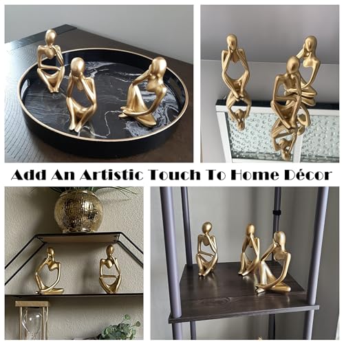 FJS Gold Decor Thinker Statues for Table Decor Abstract Art Sculpture Set of 3 Golden Resin Figurines Decorations for Home Living Room Office Shelf Decoration